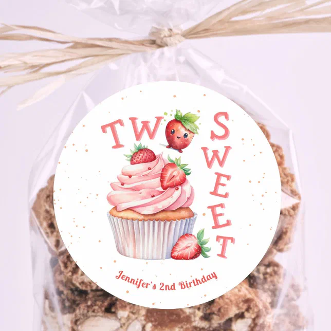 TWO Sweet! Pink Girl Strawberry 2nd Birthday Classic Round Sticker | Zazzle