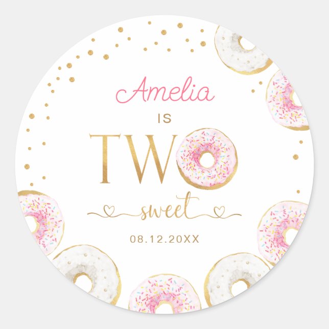 Two Sweet Pink Gold Donuts Birthday Classic Round Sticker (Front)