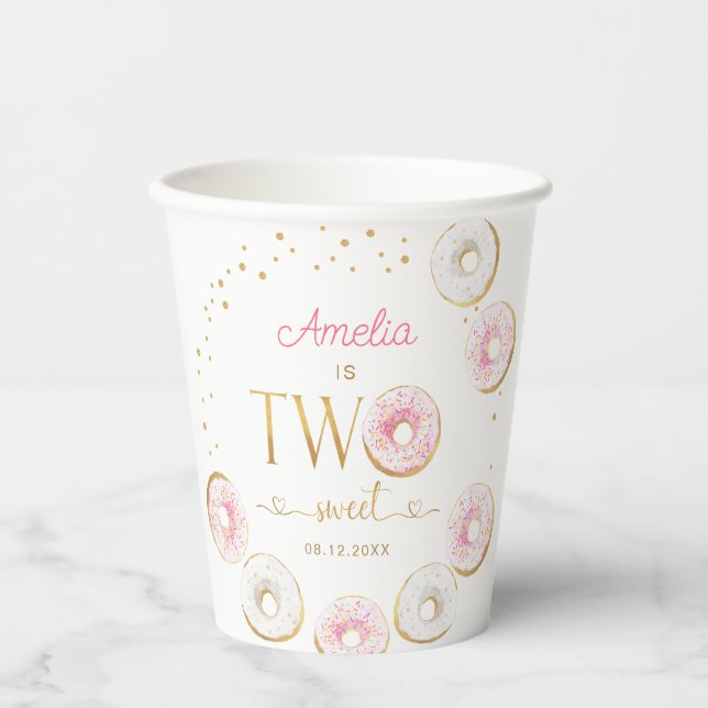 Two Sweet Pink Gold Donuts Birthday Paper Cups (Front)