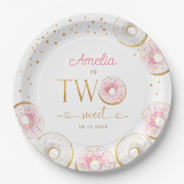 Two Sweet Pink Gold Donuts Birthday Paper Plates (Front)