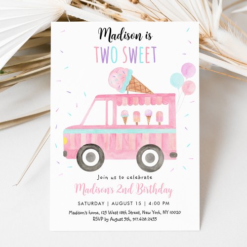 Two Sweet Pink Ice Cream Truck Birthday Invitation