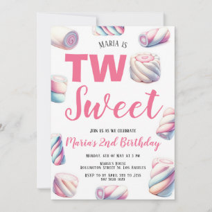 Two Sweet Pink Marshmallow 2nd Birthday Invitation