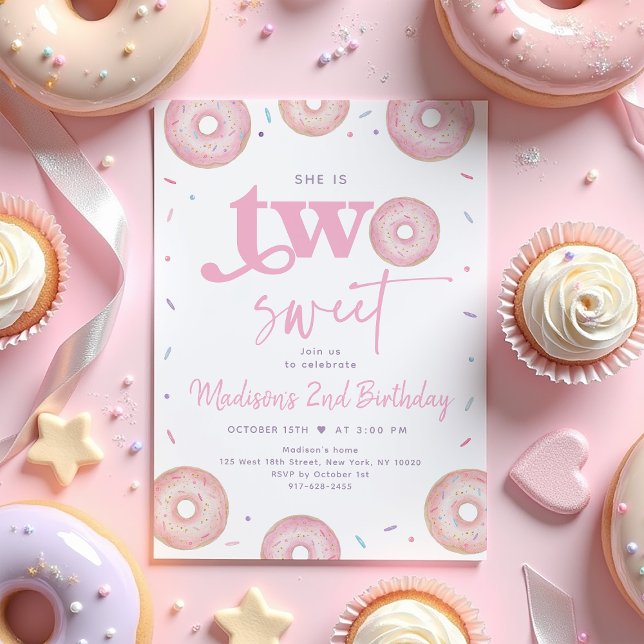 Two Sweet Pink Pastel Donut Second Birthday Invitation (Creator Uploaded)