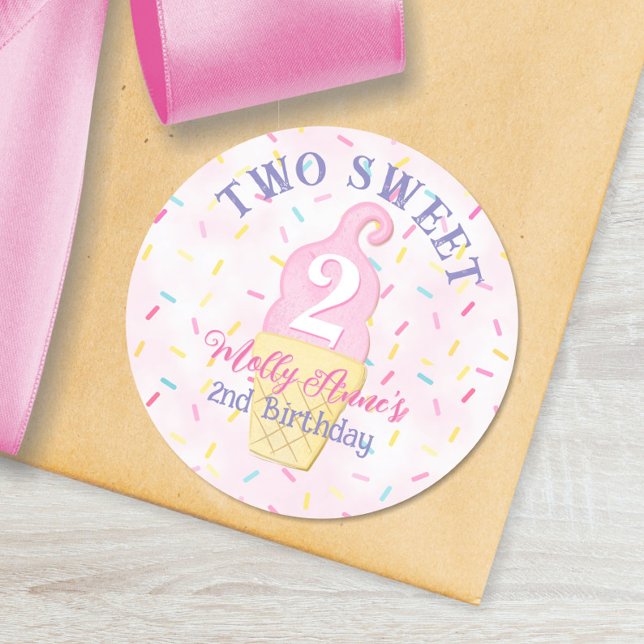TWO SWEET Pink Purple Ice Cream 2nd Birthday Girl Classic Round Sticker (Creator Uploaded)