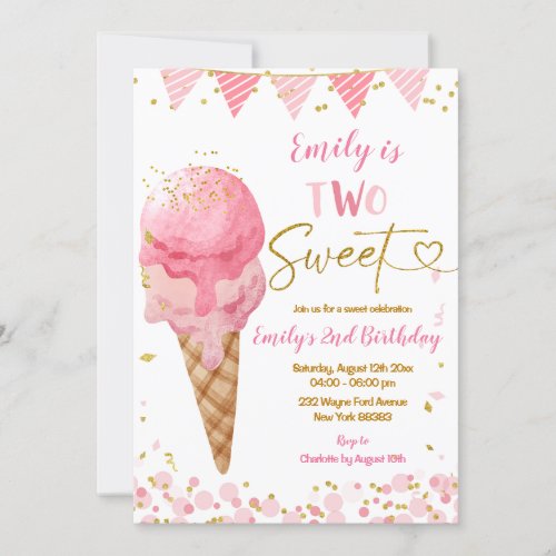 Two Sweet Pink Summer Ice Cream Second Birthday Invitation