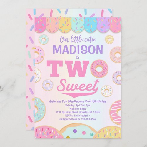 TWO Sweet Rainbow Donut 2nd Birthday Invitation