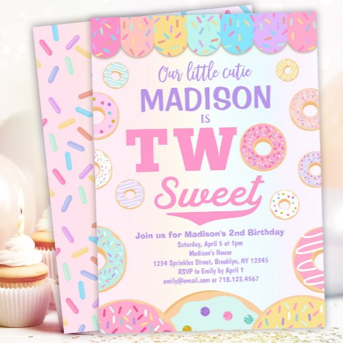 TWO Sweet Rainbow Donut 2nd Birthday Invitation