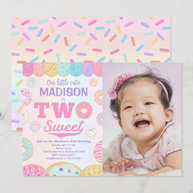 TWO Sweet Rainbow Donut 2nd Birthday Photo Invitation (Front/Back)