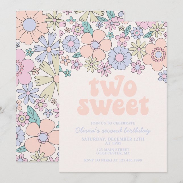 Two Sweet Retro Floral 2nd birthday Invitation (Front/Back)