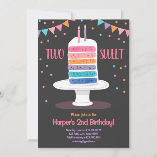 Two Sweet Second Birthday Cake Rainbow Invitation