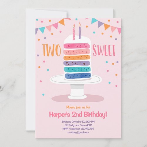 Two Sweet Second Birthday Cake Rainbow Invitation