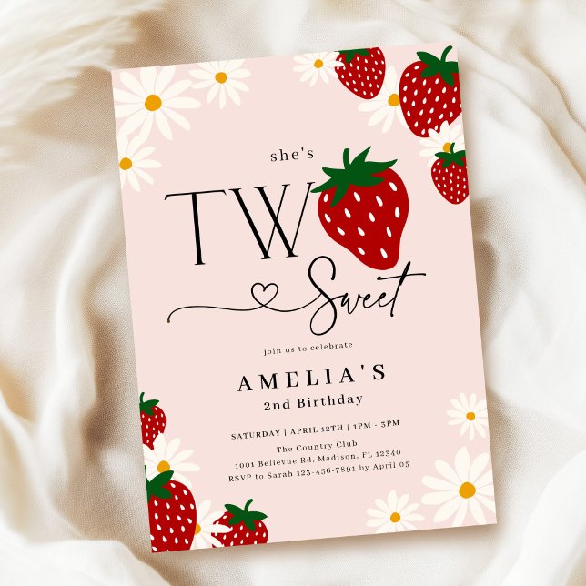 Two Sweet Strawberry 2nd Birthday Invitation (Creator Uploaded)