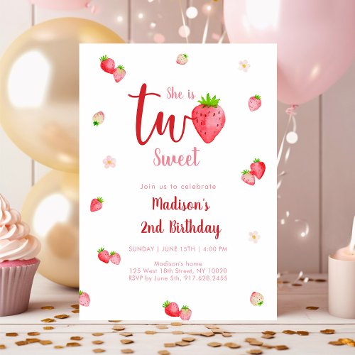 Two Sweet Strawberry 2nd Birthday Invitation