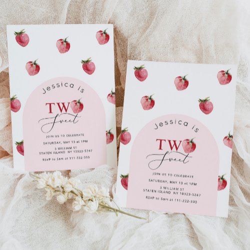 Two sweet strawberry 2nd birthday invitation