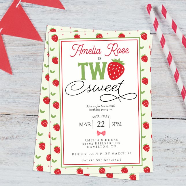 Two Sweet Strawberry 2nd Birthday Party Invitation (Two Sweet Strawberry 2nd Birthday Party Invitation)