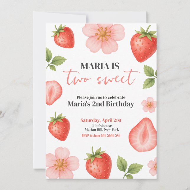 Two Sweet Strawberry 2nd Birthday Party Invitation (Front)