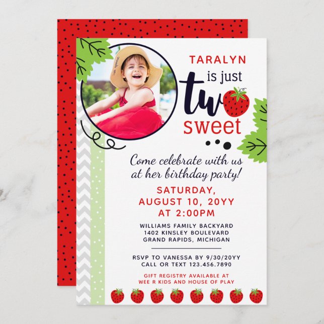 TWO Sweet Strawberry Baby 2nd Second Birthday Invitation (Front/Back)