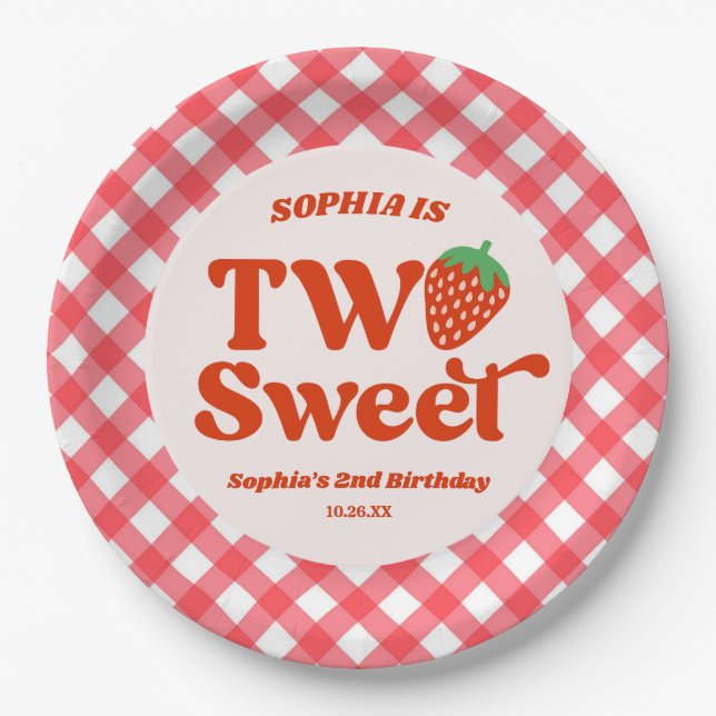 Two Sweet Strawberry Fruit 2nd Birthday Party Paper Plates (Front)