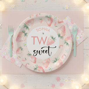 Two sweet strawberry kids birthday paper plates