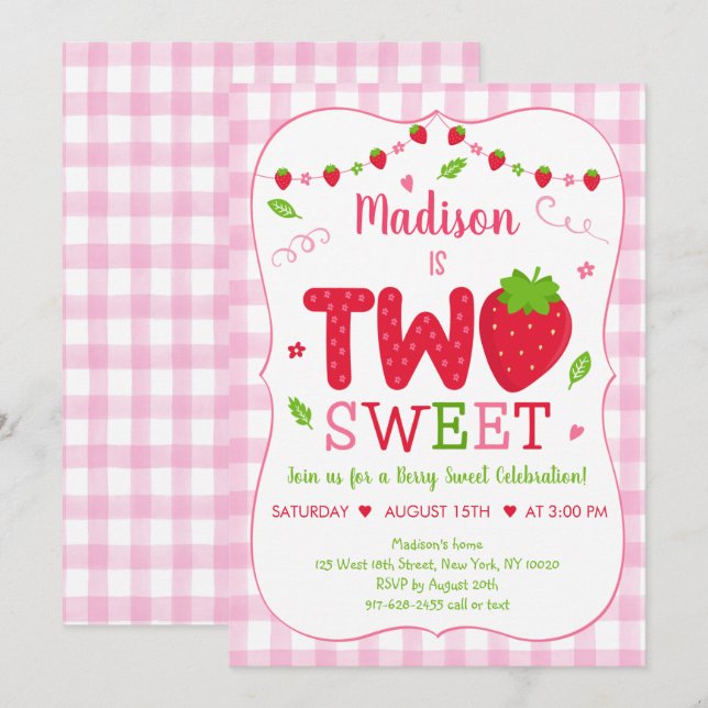 Two Sweet Strawberry Pink Green Birthday Invitation (Front/Back)