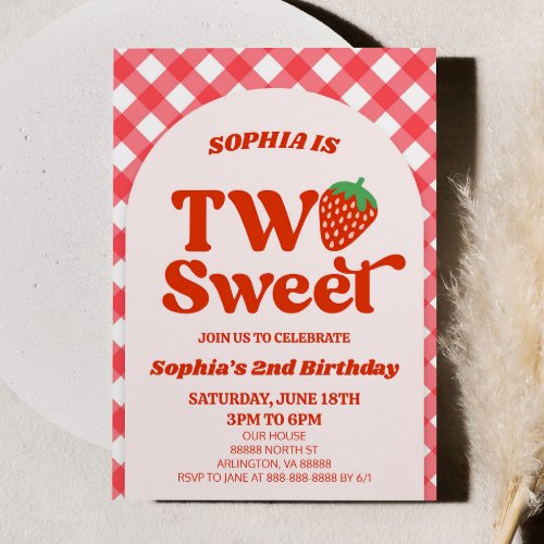 Two Sweet Strawberry Red Pink 2nd Birthday Party Invitation