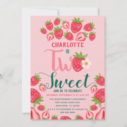 Two Sweet Strawberry Turning Two Birthday Party Invitation