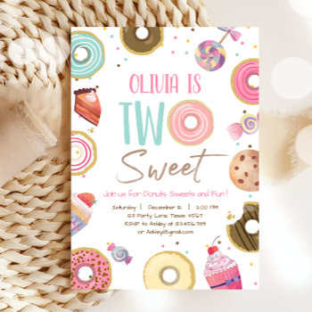 Two Sweet Sweets Candy Donut Girl Second Birthday Invitation by Anietillustration at Zazzle