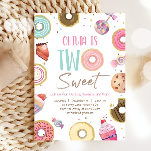 Two Sweet Sweets Candy Donut Girl Second Birthday Invitation