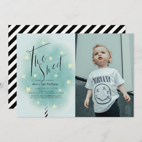 Two Sweet Teal Cotton Candy 2nd Birthday Photo Invitation