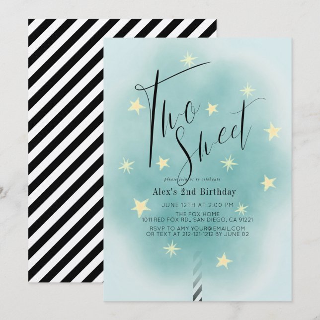 Two Sweet Teal Cotton Candy Boy 2nd Birthday Invitation (Front/Back)