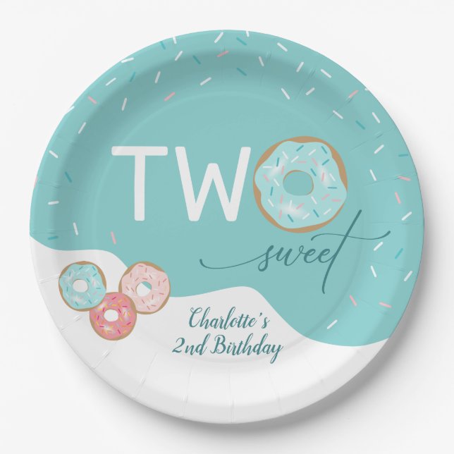 Two Sweet Teal Girls 2nd Birthday Party Paper Plates (Front)