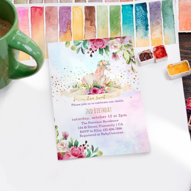 Two Sweet Unicorn Baby Girl 2nd Birthday Party Invitation (Creator Uploaded)