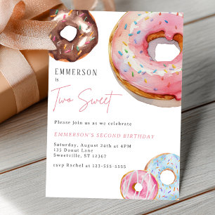 Two Sweet Watercolor Donut 2nd Birthday Invitation Postcard