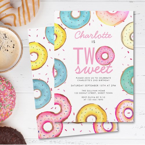 Two Sweet Watercolor Donuts 2nd Birthday Invitation
