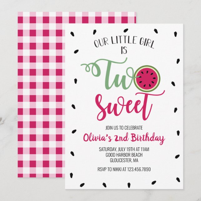 Two Sweet Watermelon 2nd Birthday Invitation (Front/Back)