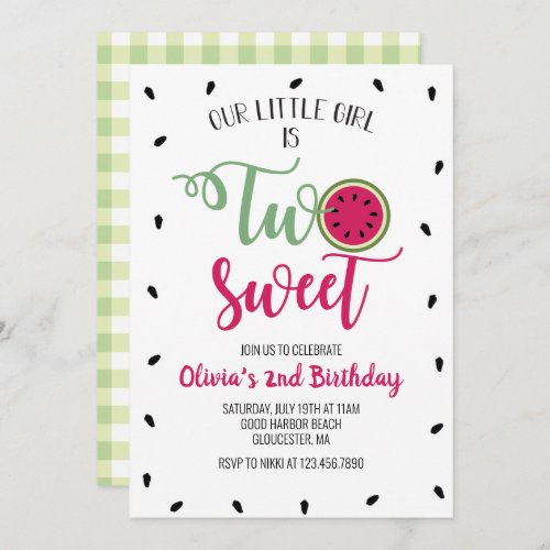 Two Sweet Watermelon 2nd Birthday Invitation