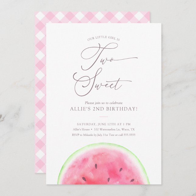Two Sweet Watermelon 2nd Birthday Party Invitation (Front/Back)
