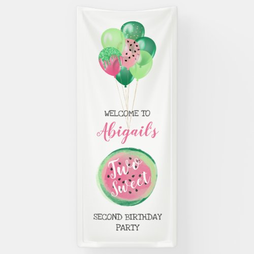 Two Sweet Watermelon Balloons 2nd Birthday Party Banner