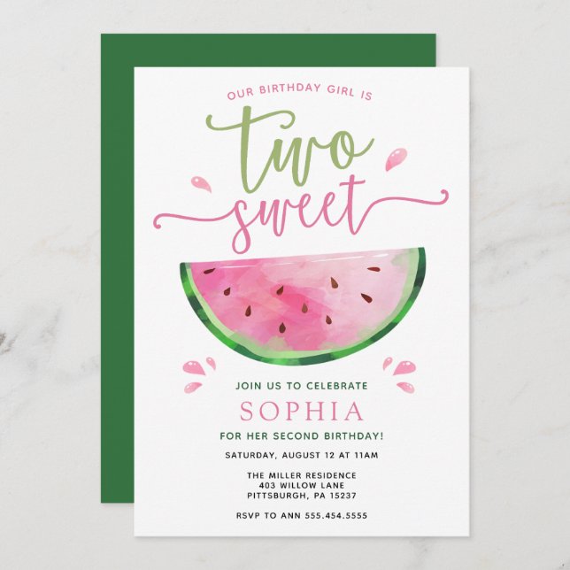 Two Sweet Watermelon Birthday Invitation (Front/Back)