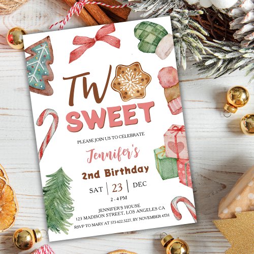 Two Sweet  Winter Christmas 2nd Birthday Invitation