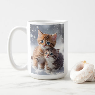 Two Tabby Kittens Playing in Snow Blank Greeting Coffee Mug