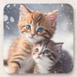 Two Tabby Kittens Playing in Snow Winter Beverage Coaster