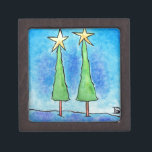Two Tall Christmas Trees Jewelry Box<br><div class="desc">two cute tall Christmas trees in the forest with stars</div>