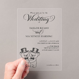 Two Teddy Bear Grooms in Top Hats Wedding Acrylic Invitations