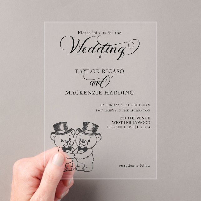 Two Teddy Bear Grooms in Top Hats Wedding Acrylic Invitations (Insitu (Handheld))