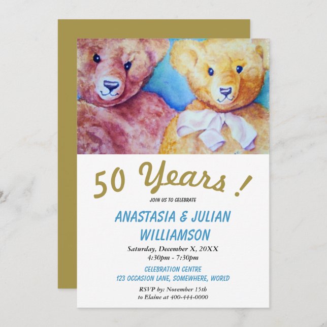 TWO TEDDY BEARS 50 YEARS TOGETHER PARTY INVITATION (Front/Back)