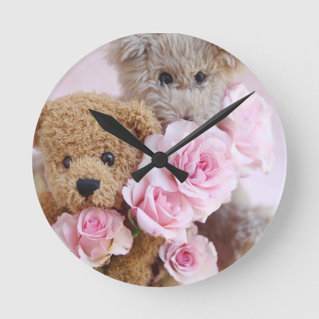 two teddy bears holding roses clock (Front)