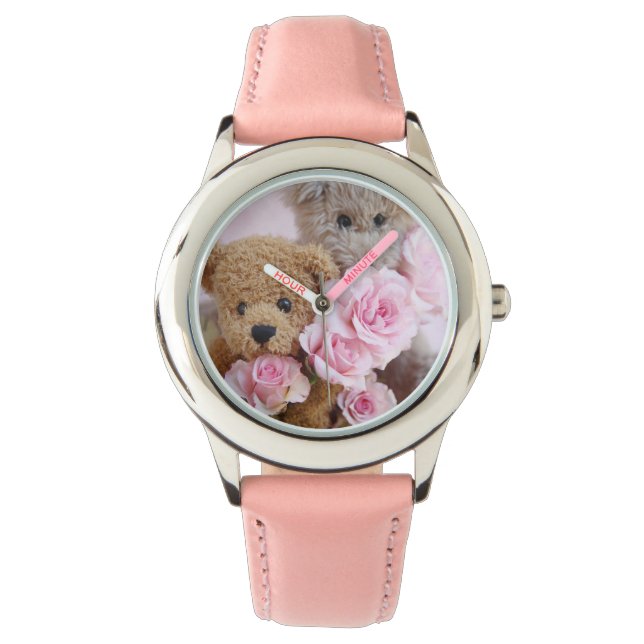 two teddy bears holding roses girl's watch (Front)