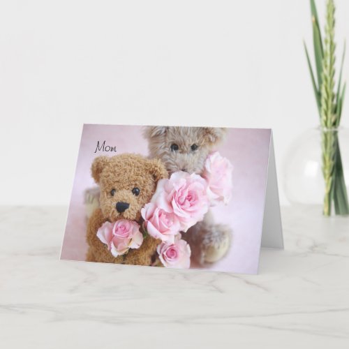 two teddy bears holding roses Mothers Day card
