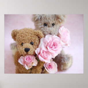 two teddy bears holding roses poster
